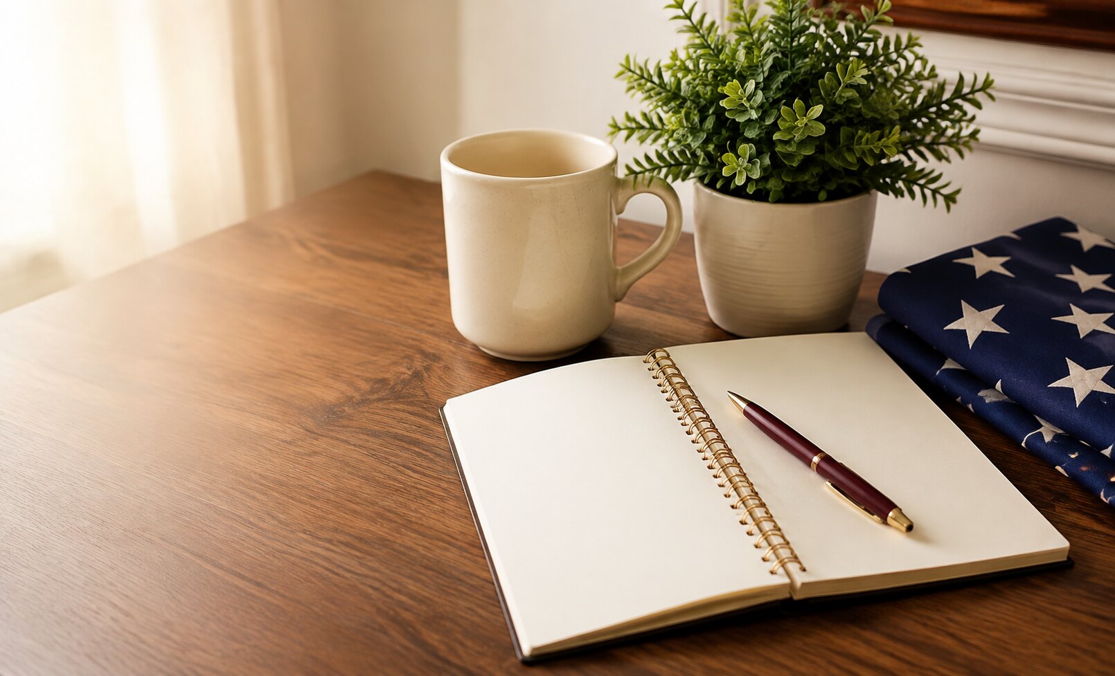 Notebook, coffee cup, plant, pen, and folded star fabric on a wooden table