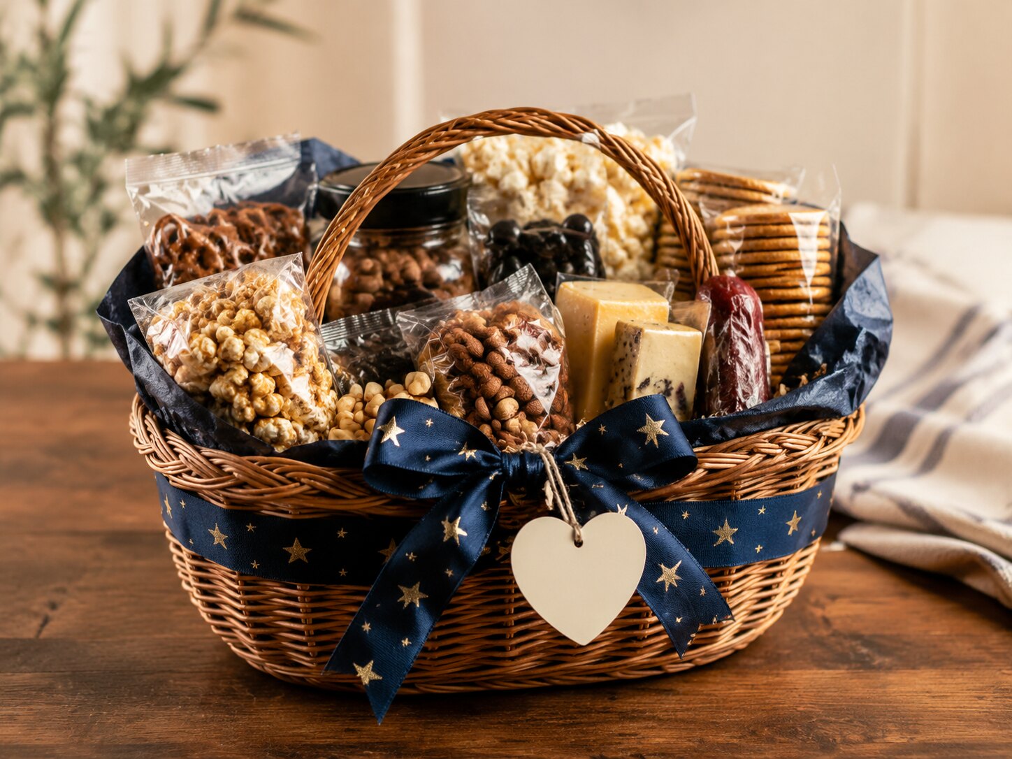 Veteran appreciation gift basket with navy and gold ribbon