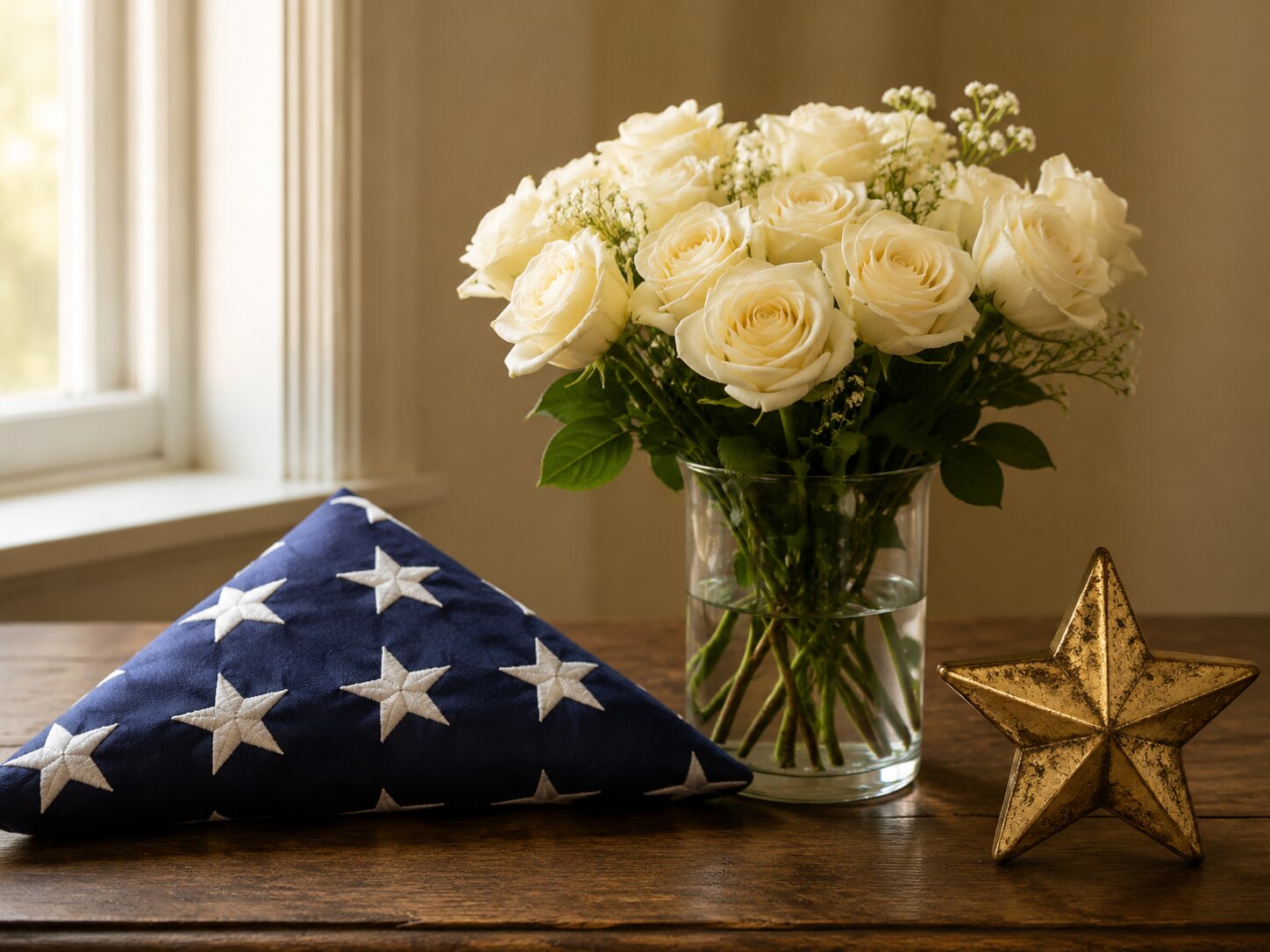 Flowers, folded star fabric, and a gold star ornament