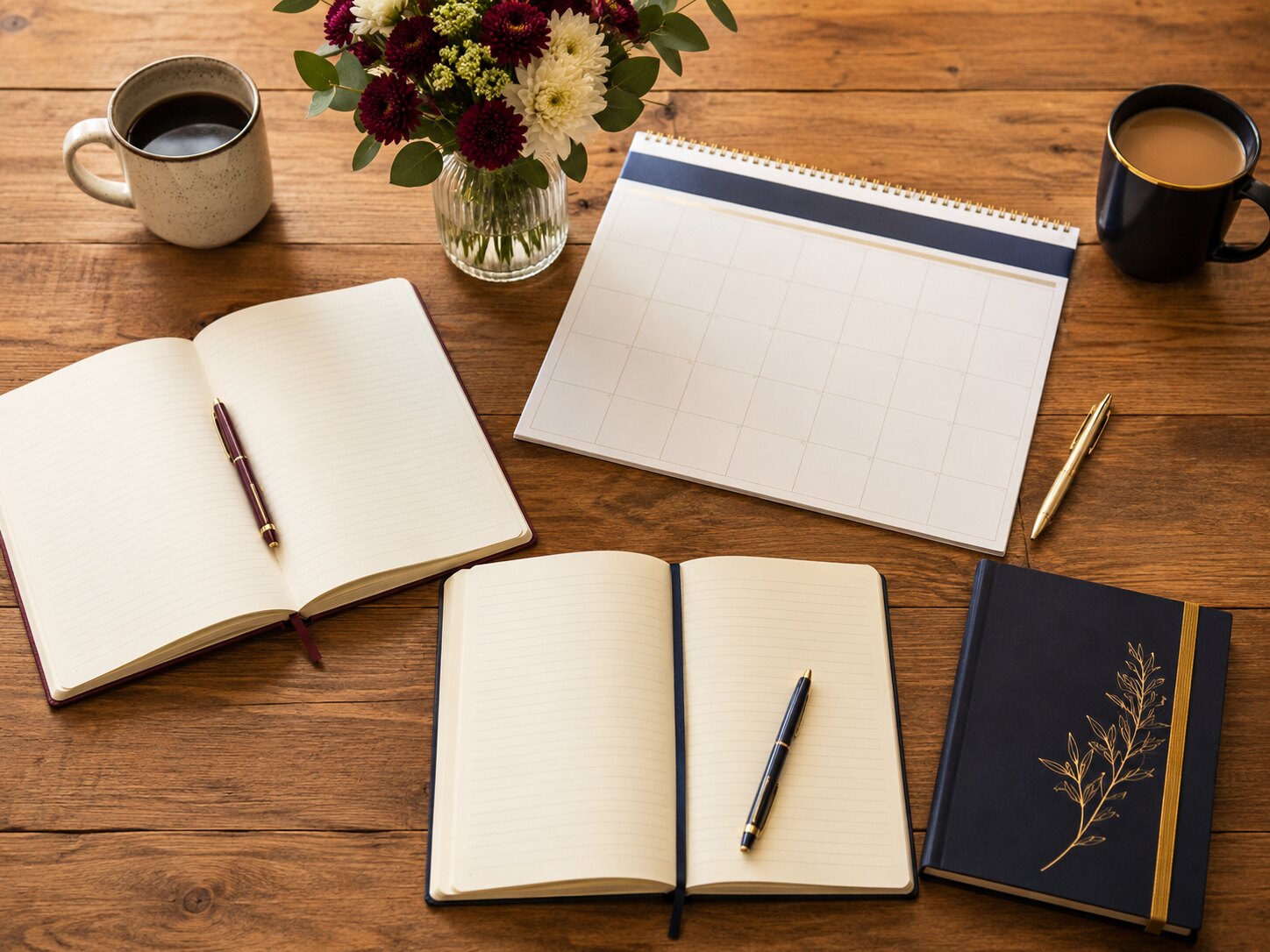 Notebooks, calendar, coffee mugs, and flowers on a planning table