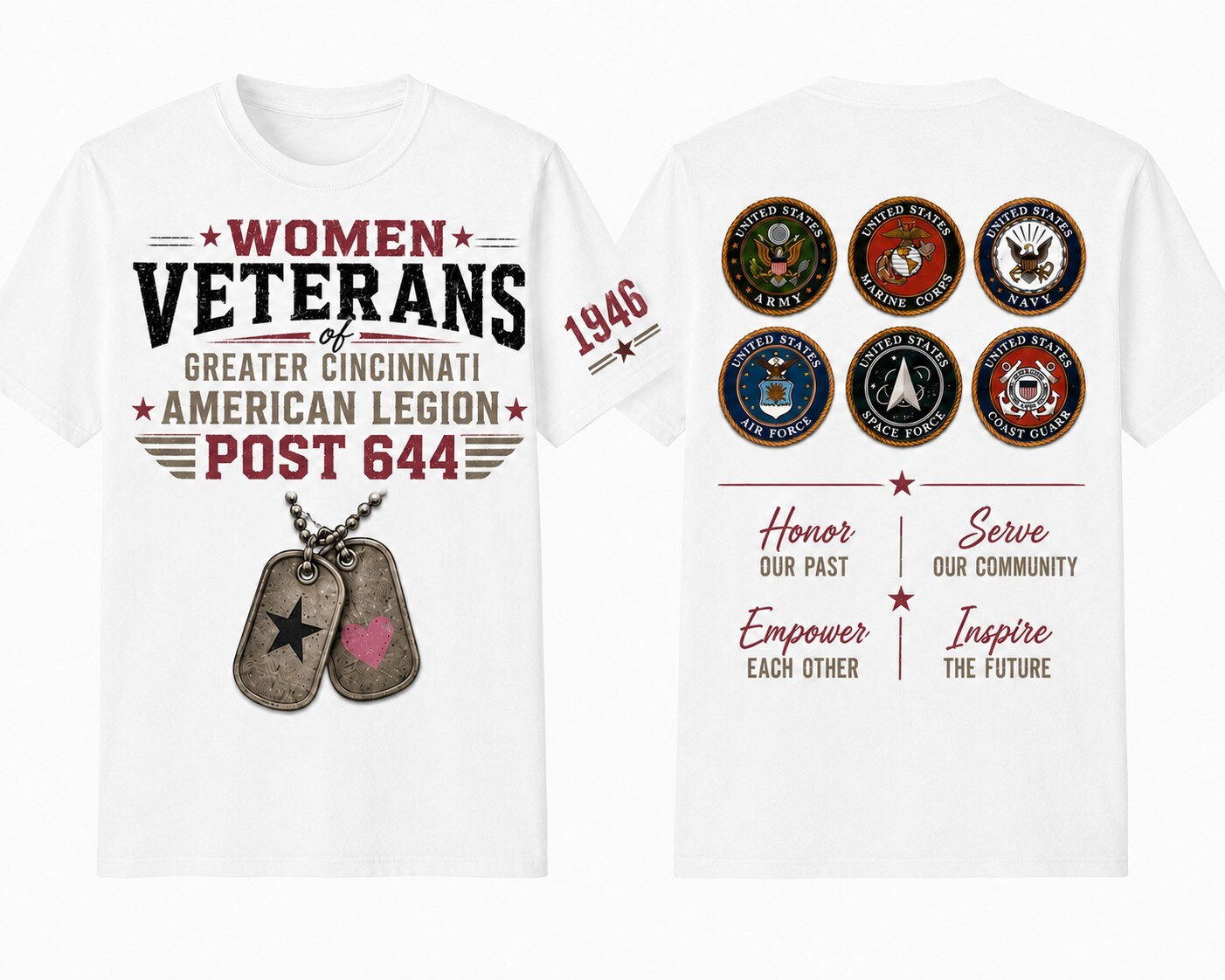 Front and back of the official Women Veterans Post 644 shirt