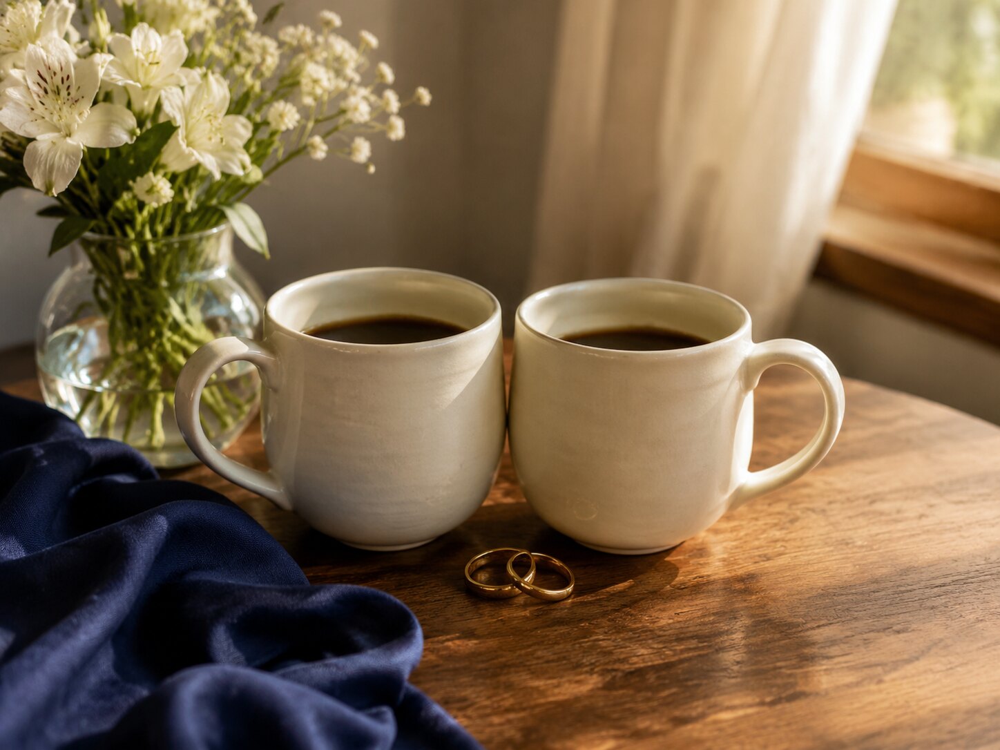 Two coffee mugs, linked rings, flowers, and navy fabric