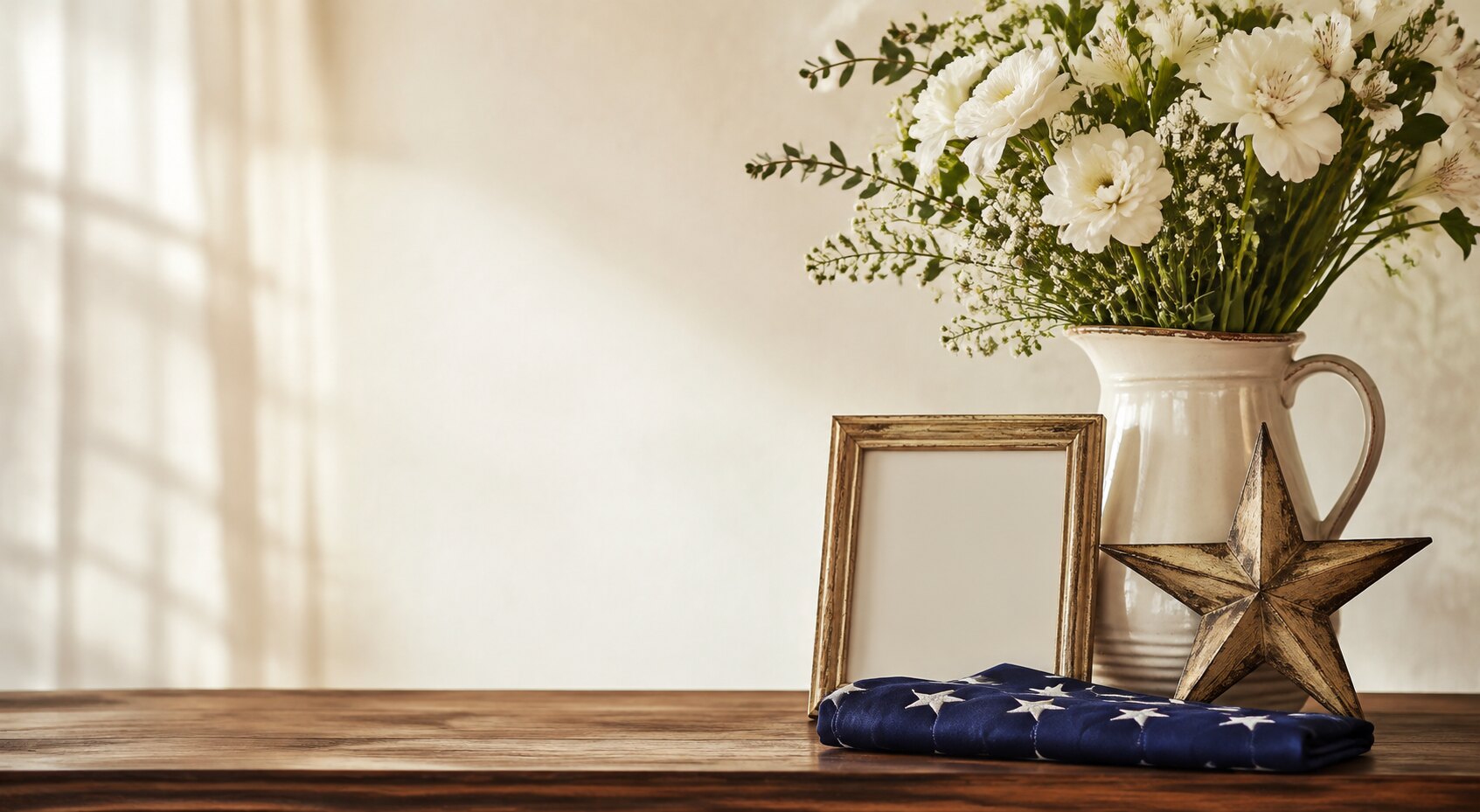 White flowers, star ornament, and folded star fabric on a wooden table