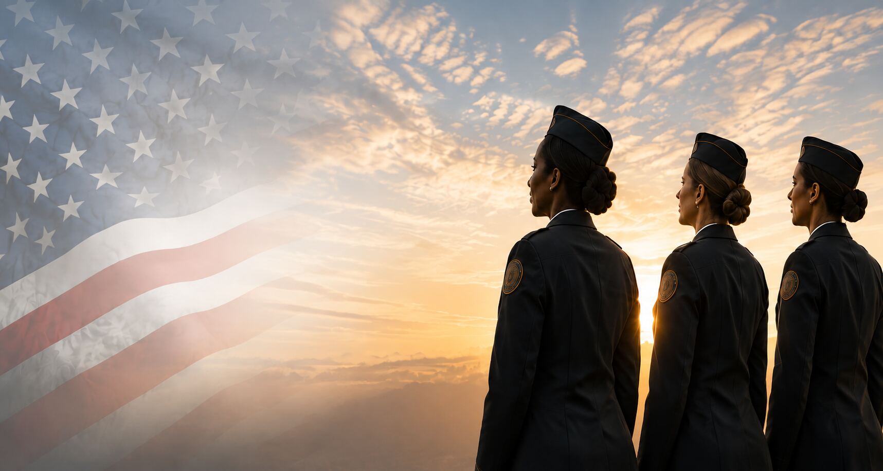 Three women veterans looking toward the horizon beneath an American flag