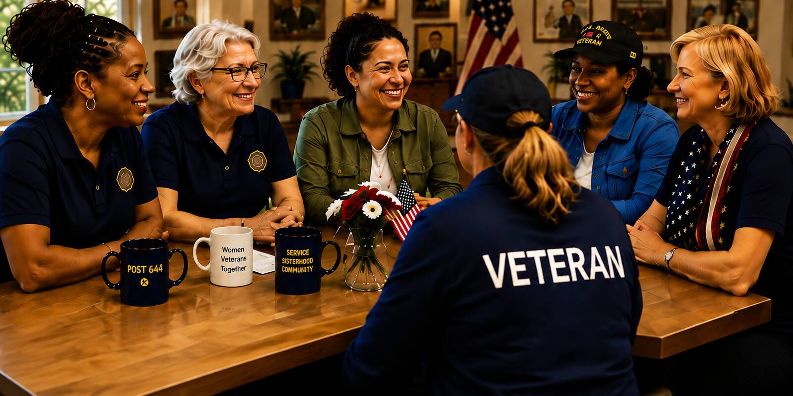 A diverse group of women veterans gathered around a table